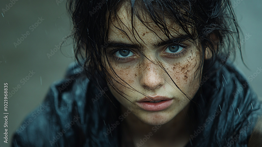 A young beggar, 26 years old. She has dirty hair and wears old clothes. She is walking in the rain A young beggar, 26 years old. She has dirty hair and wears old clothes. She is walking in the rain
