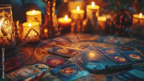 Altar filled with occult symbols, candles  in a circle, Tarot cards, mysterious and mystical vibe