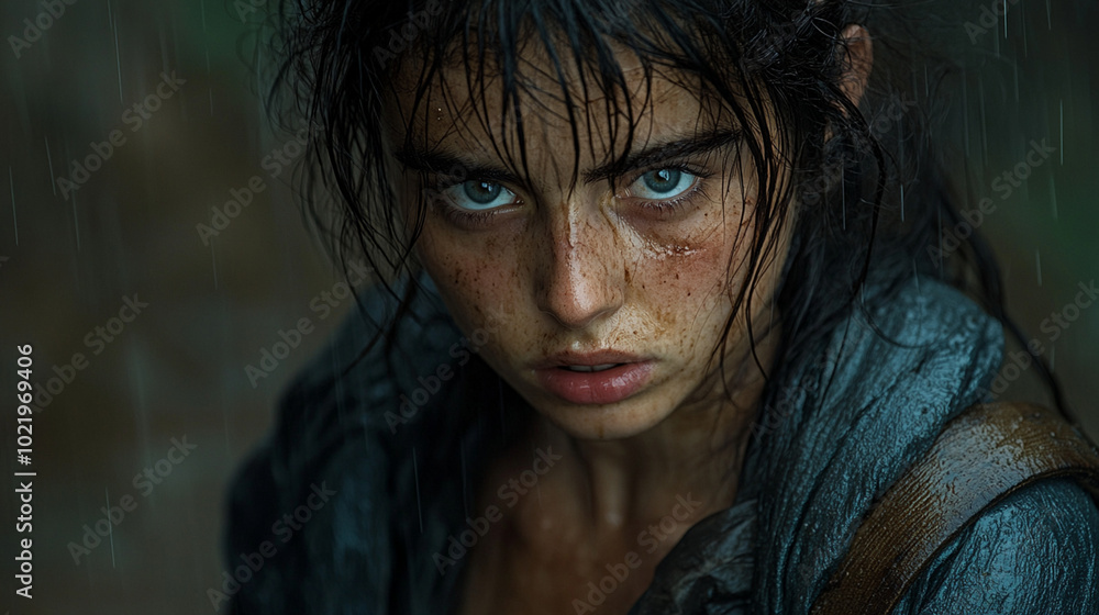 A young beggar, 26 years old. She has dirty hair and wears old clothes. She is walking in the rain A young beggar, 26 years old. She has dirty hair and wears old clothes. She is walking in the rain