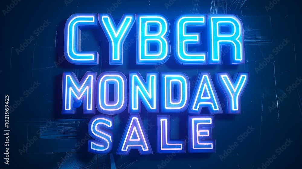 Blue 'CYBER MONDAY SALE' Neon Sign on an elegant Dark Background Blue 'CYBER MONDAY SALE' Neon Sign on an elegant Dark Background