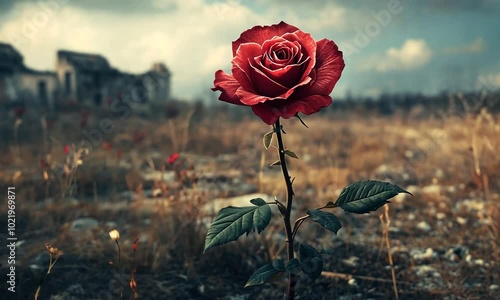 A Single Rose Blooms Amidst Ruins