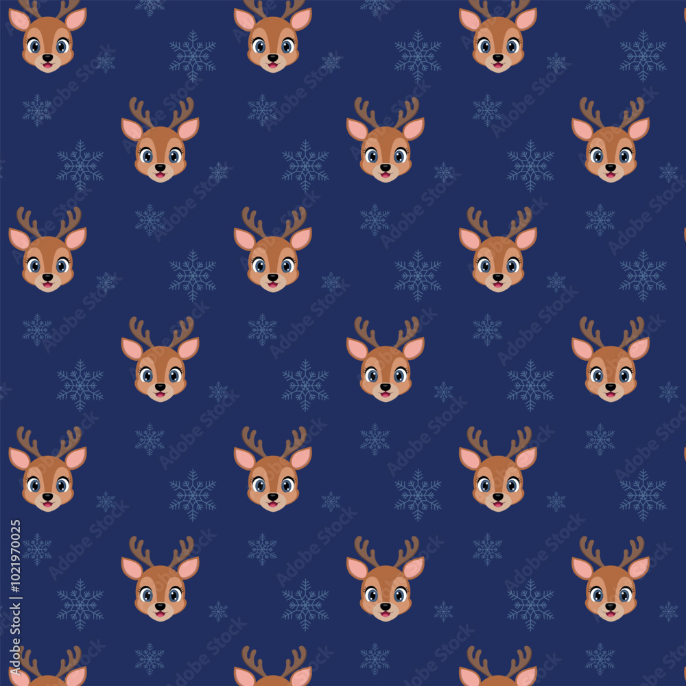 Obraz premium Seamless repeating pattern of deer with snowflakes.