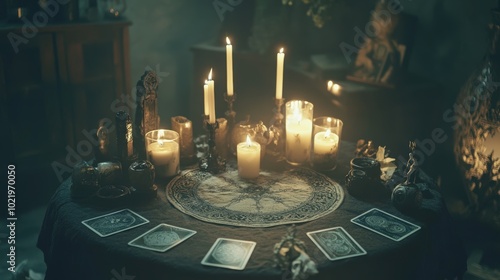 Altar filled with occult symbols, candles  in a circle, Tarot cards, mysterious and mystical vibe photo