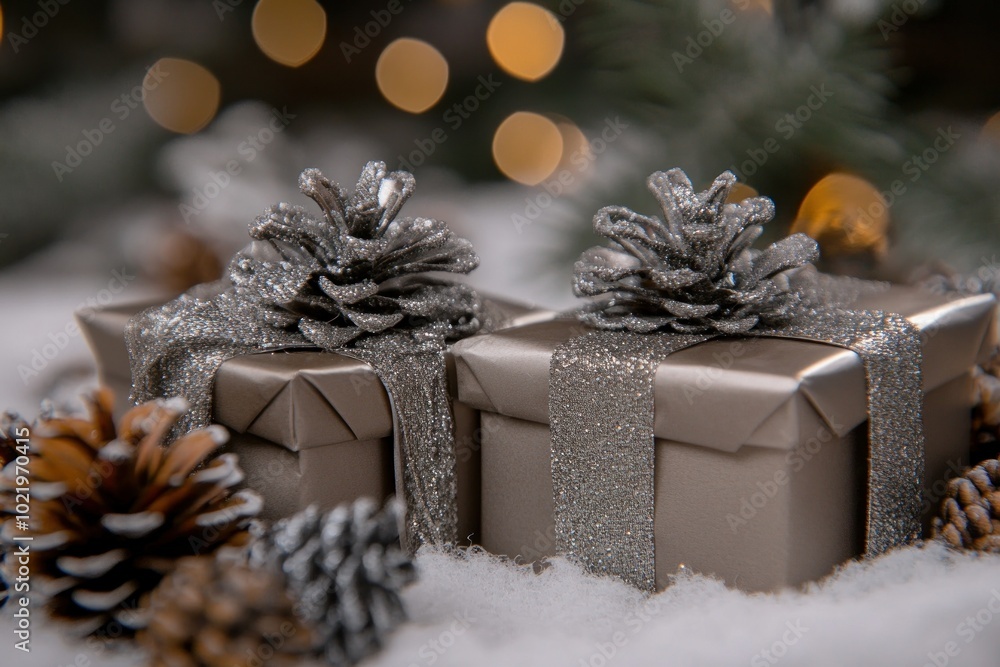 Elegant Gift Boxes with Shiny Ribbons and Pinecones Elegant Gift Boxes with Shiny Ribbons and Pinecones