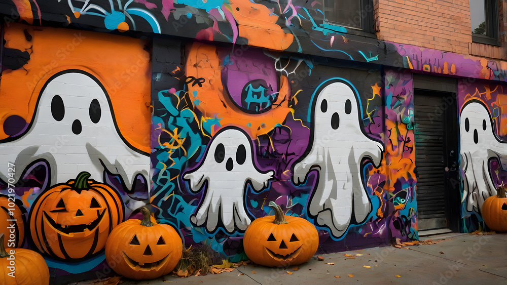 Obraz premium Enjoy the Halloween spirit: pumpkins with colorful graffiti ghosts and abstract designs generative ai