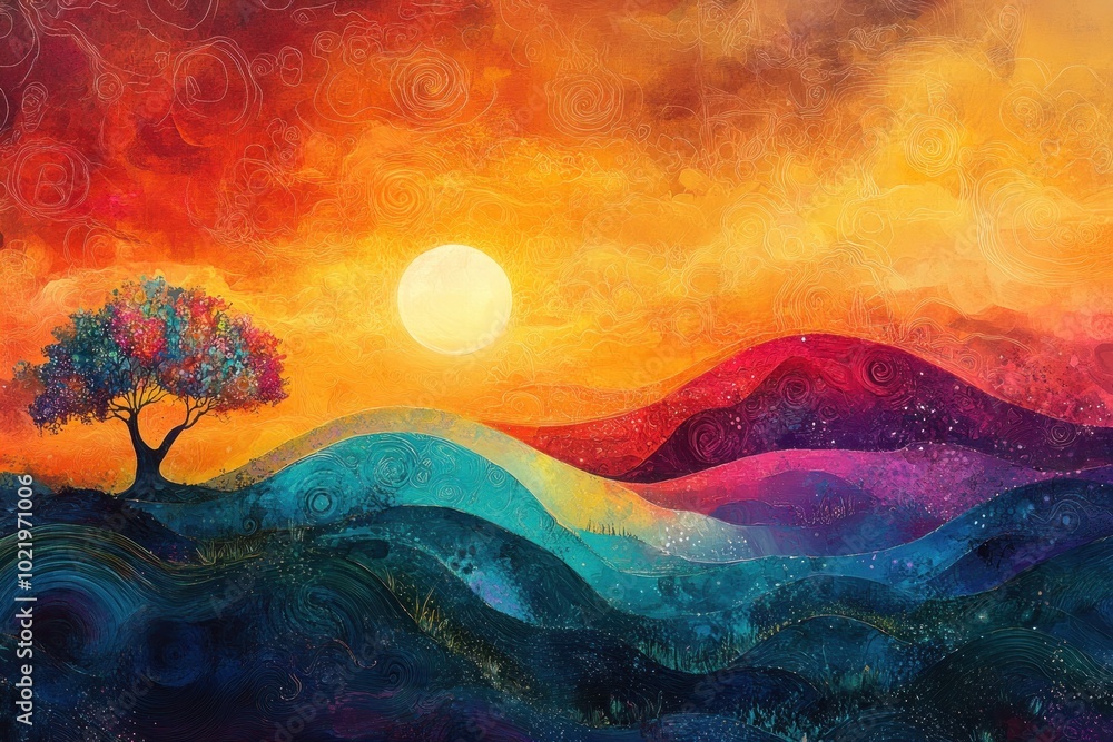 Fototapeta premium A single tree stands tall on a hilltop, bathed in the warm glow of a setting sun, with a colorful abstract landscape behind it.