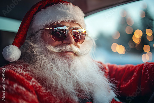 Stylish Santa Claus in Sunglasses Driving a Car: Christmas Delivery photo