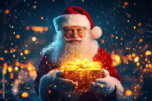 Santa Claus Holding a Magic Gift Box: Christmas Fairytale Moment photo