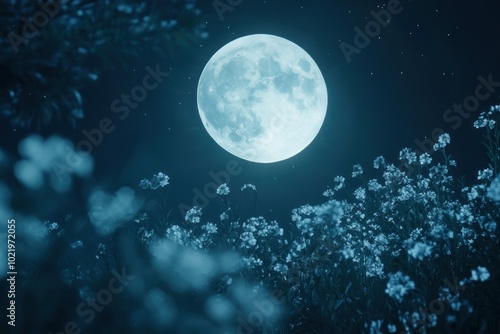 Enchanting Full Moon Over Flowering Landscape photo