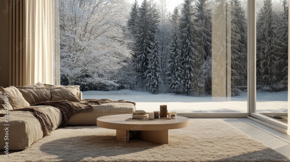 Minimalist winter living room with a light wooden coffee table, warm blanket, and snowy forest outside generative ai Minimalist winter living room with a light wooden coffee table, warm blanket, and snowy forest outside generative ai