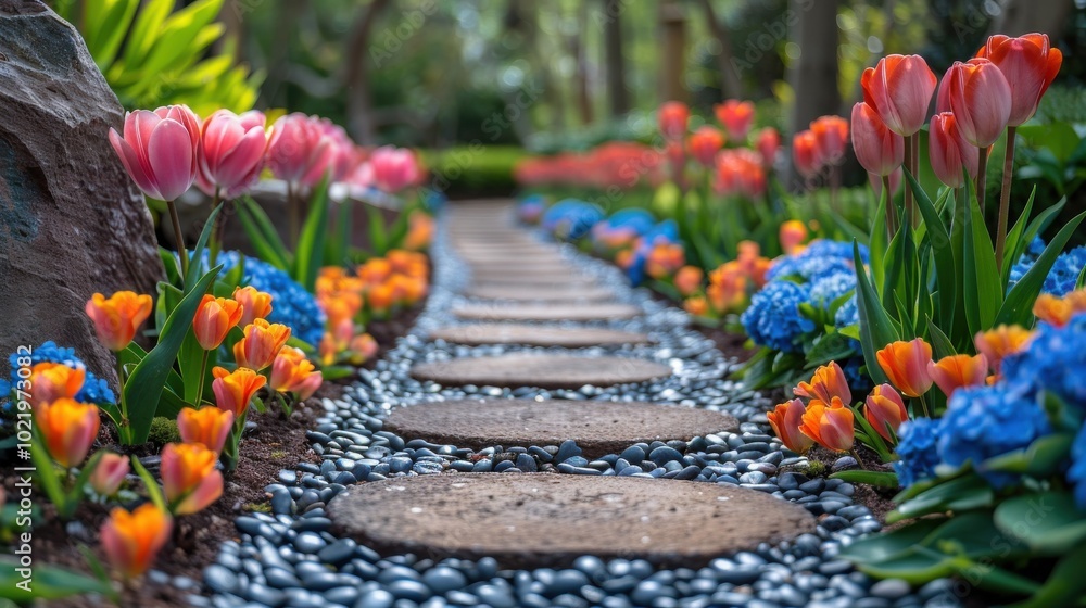 Garden of of blooming flowers in springtime Garden of of blooming flowers in springtime