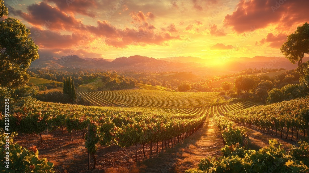 Fototapeta premium A breathtaking view of a vineyard at sunset with rolling hills and a dramatic sky.