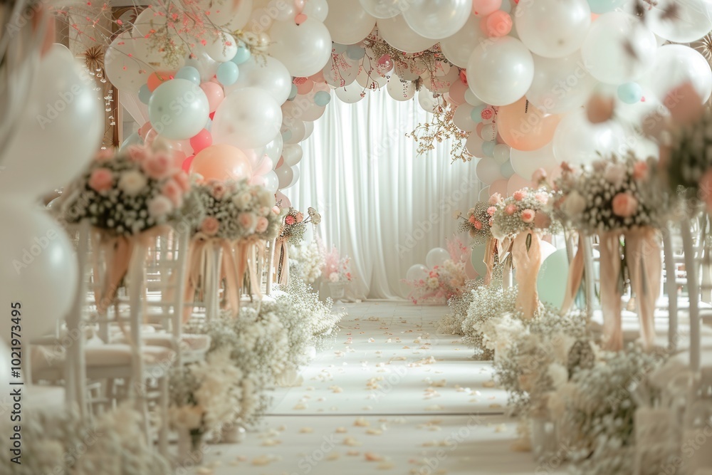 A wedding ceremony features stunning white and pastel balloons draping the space, enhancing the romantic ambiance for the celebration. Generative AI A wedding ceremony features stunning white and pastel balloons draping the space, enhancing the romantic ambiance for the celebration. Generative AI