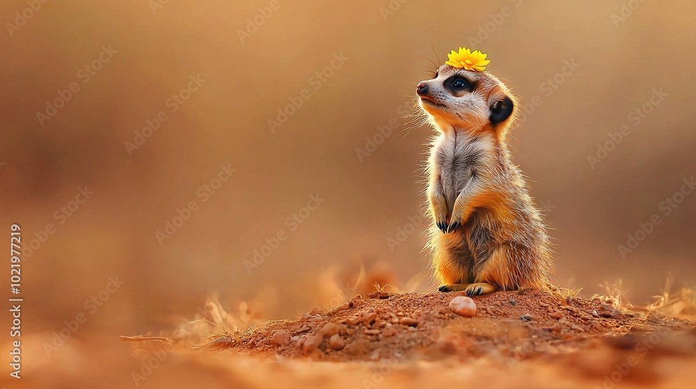 Fototapeta premium A meerkat stands on hind legs holding a yellow flower in hair atop a dirt mound