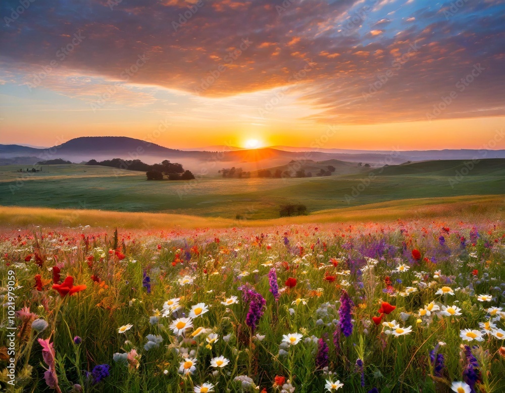 Vibrant Fields of Colorful Wildflowers Stretching Across a Rolling Meadow, Framed by Distant Hills and a Golden Sunrise in the Horizon, Captured for a Scenic Nature Landscape Vibrant Fields of Colorful Wildflowers Stretching Across a Rolling Meadow, Framed by Distant Hills and a Golden Sunrise in the Horizon, Captured for a Scenic Nature Landscape