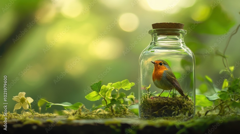 A small robin bird sits inside a glass bottle, which is nestled in moss. A small robin bird sits inside a glass bottle, which is nestled in moss.