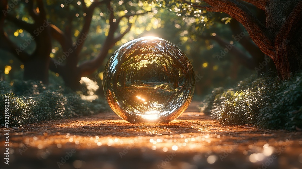 Golden Sphere in a Sunlit Forest Path Golden Sphere in a Sunlit Forest Path