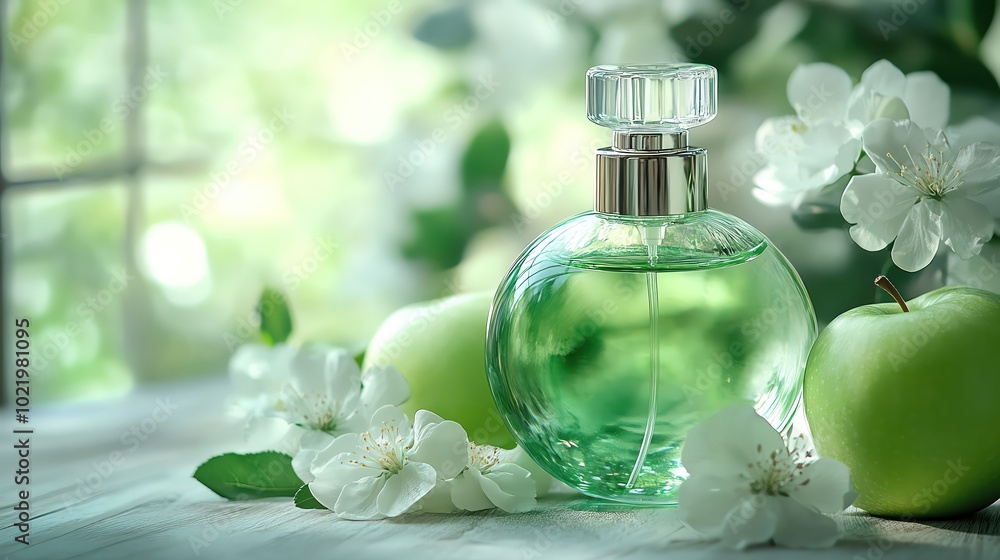 Green perfume bottle with apples and white flowers, fresh and crisp fragrance in a clean setting Green perfume bottle with apples and white flowers, fresh and crisp fragrance in a clean setting