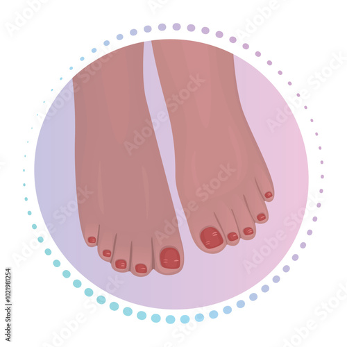 Two women's feet with pedicure, red nail polish, vector gradient sign, round colorful illustration