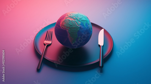 Fototapeta Naklejka Na Ścianę i Meble -  A globe, vividly detailed with topographical textures, sitting on a round plate. A finely polished fork and knife lie beside it on a soft gradient background, symbolizing the conne