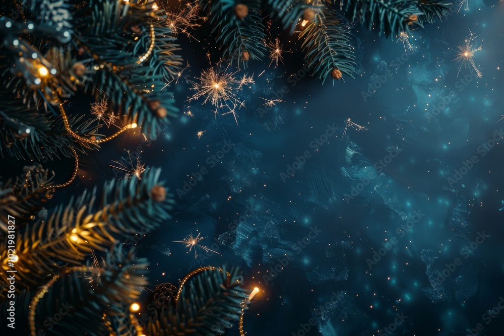 Create a beautiful and festive environment with Christmas tree branches and holiday lights under a starry sky in shades of blue. Ensure your setting is enchanting for a memorable celebration Create a beautiful and festive environment with Christmas tree branches and holiday lights under a starry sky in shades of blue. Ensure your setting is enchanting for a memorable celebration