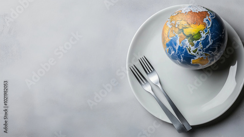 A world globe, richly colored and beautifully detailed, sitting on a white ceramic plate. Fork and knife gleam beside it, resting on a soft light background, symbolizing global coo photo