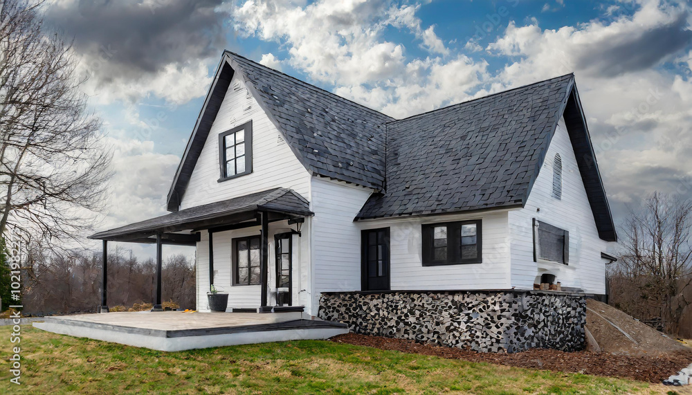 Charming white house with a black roof and landscaped yard surrounded by trees on a cloudy day Charming white house with a black roof and landscaped yard surrounded by trees on a cloudy day