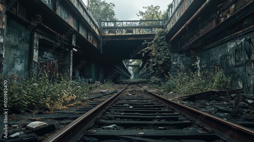Overgrown railroad tracks under a bridge with graffiti covered walls and a hazy sky. Overgrown railroad tracks under a bridge with graffiti covered walls and a hazy sky.