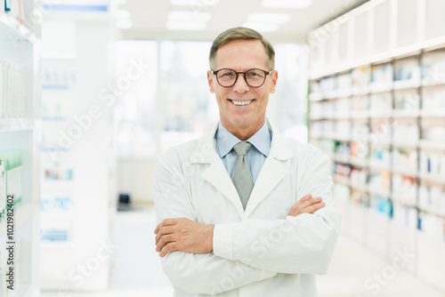 Canvastavla Smiling male caucasian middle-aged mature confident pharmacist druggist in white