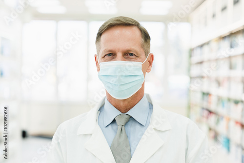 Pandemic situation concept. Doctor pharmacist chemist druggist looking at the camera in protective face mask against Coronavirus standing in pharmacy