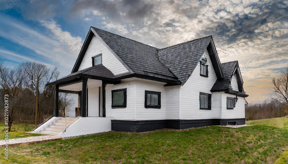 Modern white and black house with unique architecture situated in an expansive green field under a picturesque cloudy sky Modern white and black house with unique architecture situated in an expansive green field under a picturesque cloudy sky