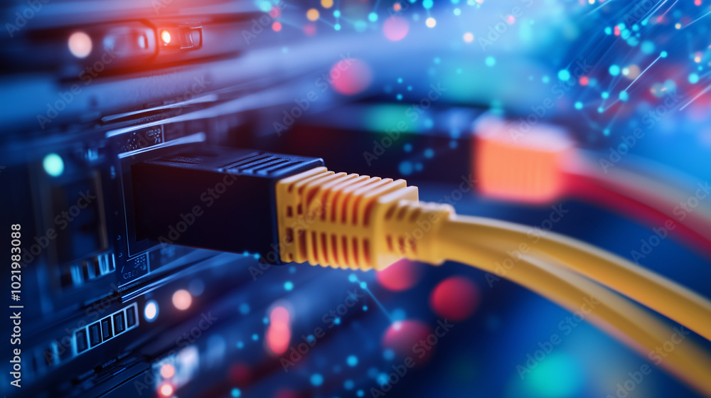 A vibrant tangle of network cables, each connected to a server via yellow connectors. The close-up showcases the vivid blue, red, and green cables, symbolizing the pulse of modern A vibrant tangle of network cables, each connected to a server via yellow connectors. The close-up showcases the vivid blue, red, and green cables, symbolizing the pulse of modern