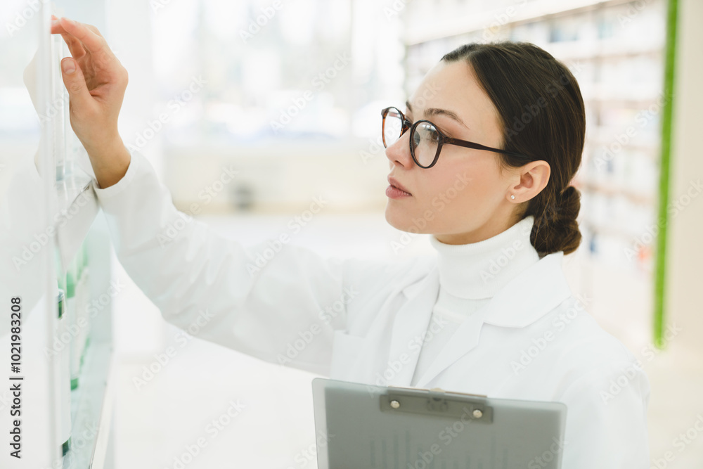 Closeup female young chemist pharmacist druggist holding remedy pills, learning new medicines goods with clipboard on shelves of pharmacy drugstore Closeup female young chemist pharmacist druggist holding remedy pills, learning new medicines goods with clipboard on shelves of pharmacy drugstore