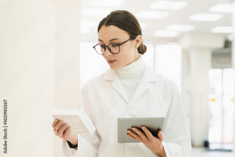 Female caucasian pharmacist druggist searching looking for drugs at prescription on digital tablet holding pills, vitamins, painkillers, medicines at pharmacy in drugstore Female caucasian pharmacist druggist searching looking for drugs at prescription on digital tablet holding pills, vitamins, painkillers, medicines at pharmacy in drugstore