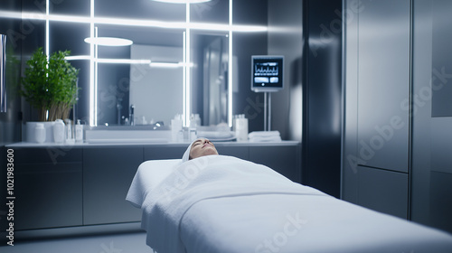 A sleek, high-end treatment room with advanced aesthetic devices, where a specialist performs a nonsurgical facelift on a calm patient, while the roomâs modern lighting creates a r photo