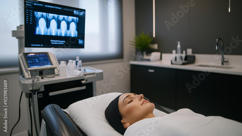 A contemporary, clinical treatment room with advanced equipment, where an aesthetic specialist focuses on delivering a nonsurgical facelift to a patient who rests peacefully, surro photo