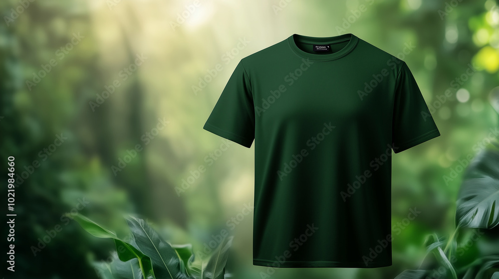 A forest green plus-size T-shirt mockup in front view, set against a blurred, minimal background in earthy tones. The rich color and smooth texture create a sophisticated, versatil A forest green plus-size T-shirt mockup in front view, set against a blurred, minimal background in earthy tones. The rich color and smooth texture create a sophisticated, versatil