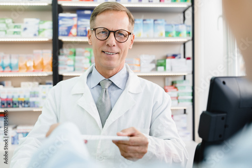 Cropped client customer buyer in pharmacy giving male caucasian chemist pharmacist druggist medical prescription for medications, drugs, painkillers, antibiotics, pills, antidepressants