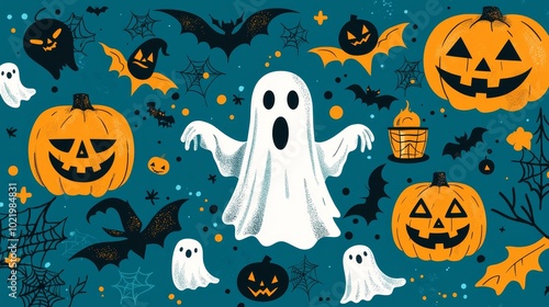 Eerie Halloween Pattern with Ghosts and Pumpkins