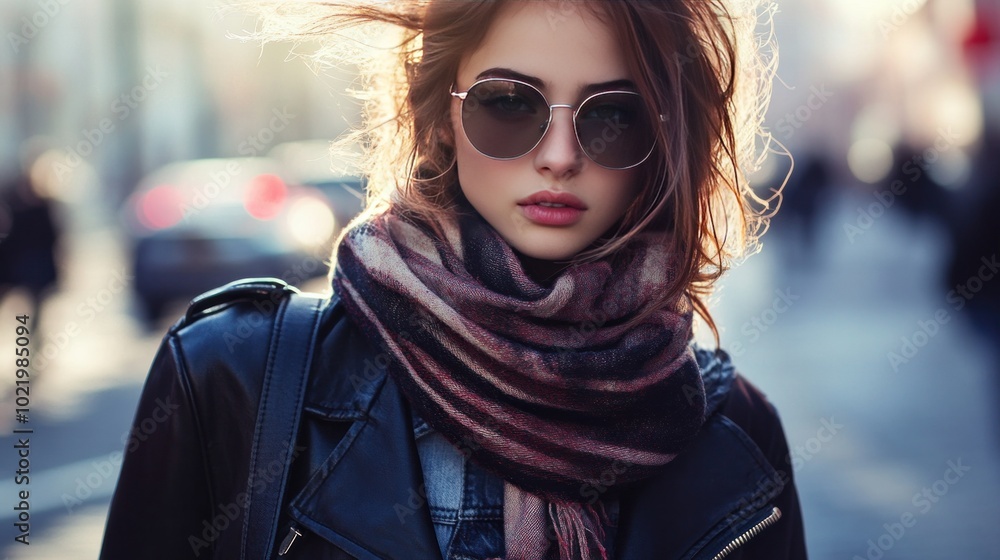 Elegant and attractive young girl dressed in elegant clothing, sporting vintage sunglasses. strolling through the city wearing denim, a leather jacket, a scarf, and a handbag Elegant and attractive young girl dressed in elegant clothing, sporting vintage sunglasses. strolling through the city wearing denim, a leather jacket, a scarf, and a handbag