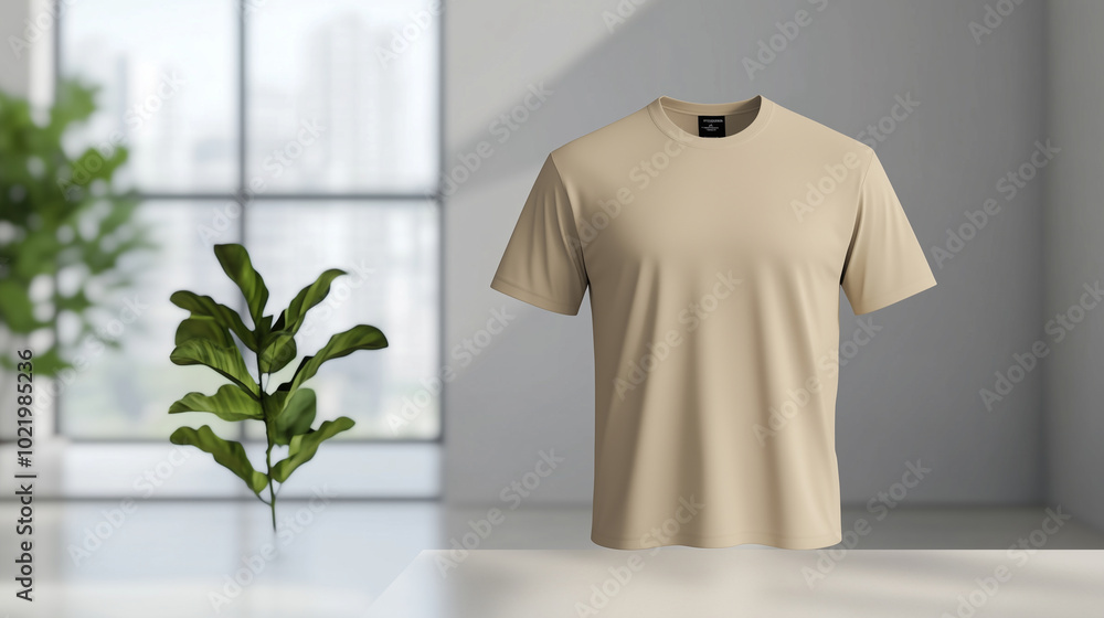 A warm beige plus-size T-shirt mockup shown from both front and back, resting against a clean, blurred background in soft neutral tones. The minimalist setting emphasizes the shirt A warm beige plus-size T-shirt mockup shown from both front and back, resting against a clean, blurred background in soft neutral tones. The minimalist setting emphasizes the shirt
