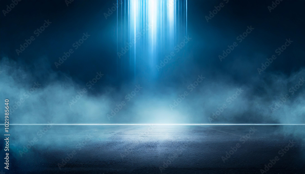 Mysterious blue light beams shining through fog in a dark environment during twilight Mysterious blue light beams shining through fog in a dark environment during twilight