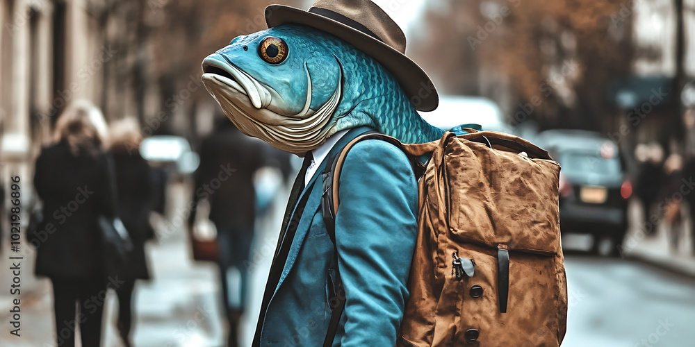 Fish Out of Water: A whimsical image of a man with a fish head, wearing a suit and backpack, strolling through a city street.  The surreal scene evokes a sense of adventure and unexpected charm.