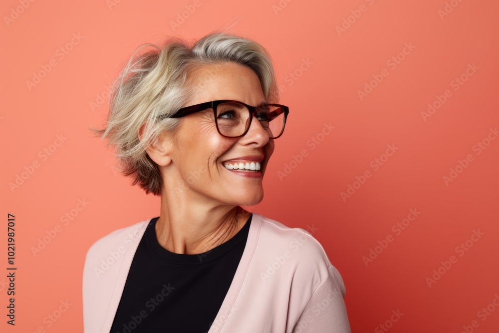Portrait of smiling senior woman in glasses looking at camera on red background Portrait of smiling senior woman in glasses looking at camera on red background