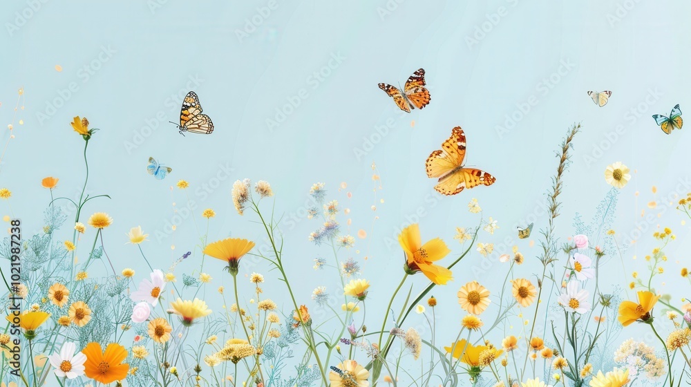 Bright butterflies dance playfully around blooming flowers in a vibrant meadow during a sunny spring day. Generative AI Bright butterflies dance playfully around blooming flowers in a vibrant meadow during a sunny spring day. Generative AI