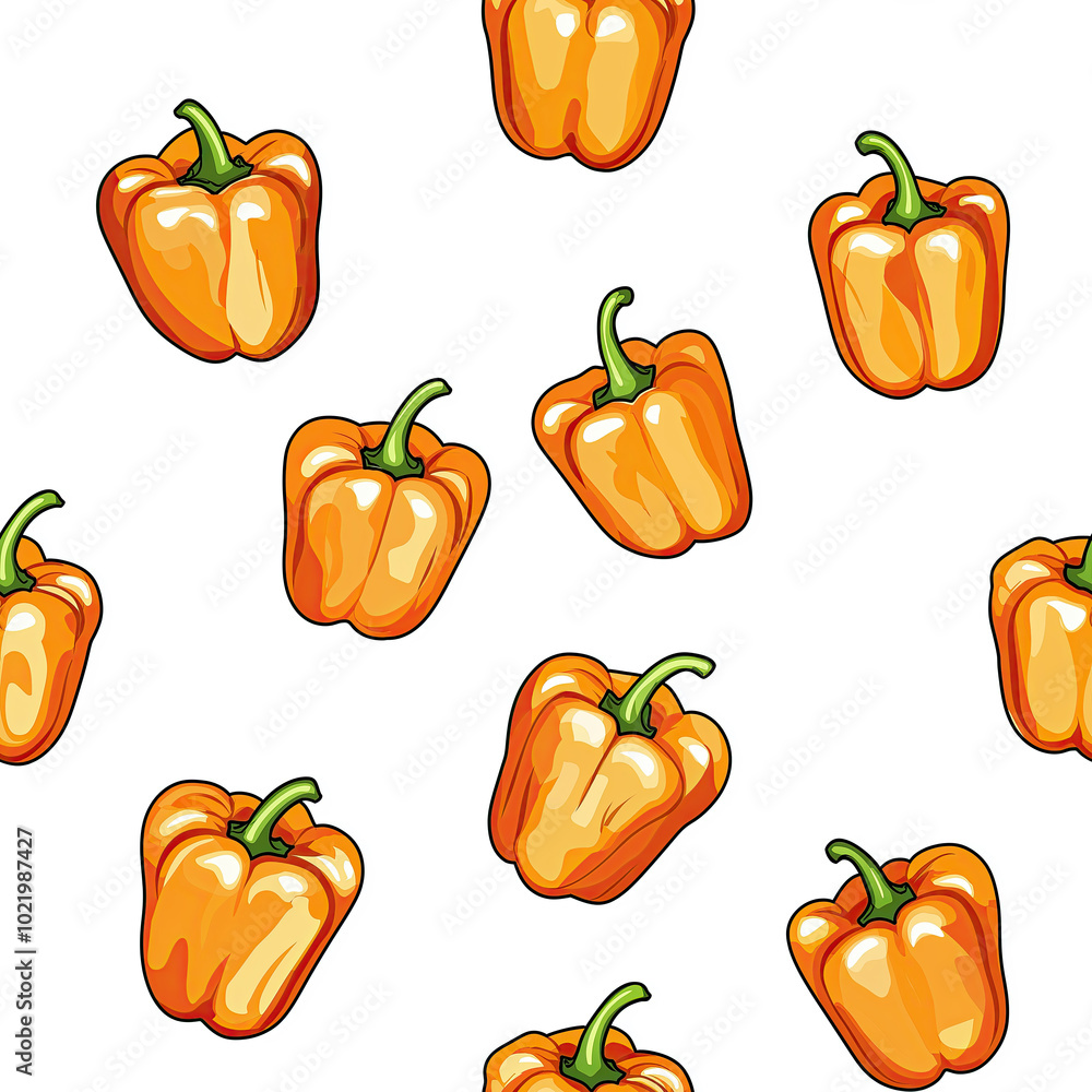 A 2D illustration seamless pattern of Orange Bell Peppers over a white background. A 2D illustration seamless pattern of Orange Bell Peppers over a white background.