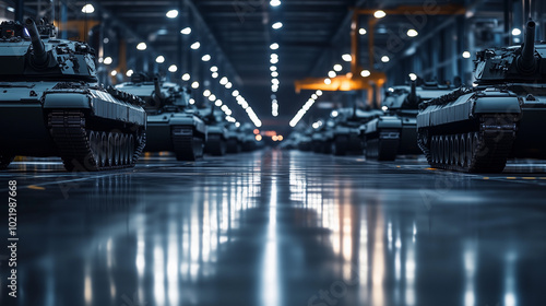 A factory floor lined with military armored vehicles, their massive forms catching the bright glow of industrial lights. The polished floors beneath create sleek reflections, enhan photo