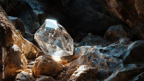 Large faceted clear quartz crystal gleaming in dark cave