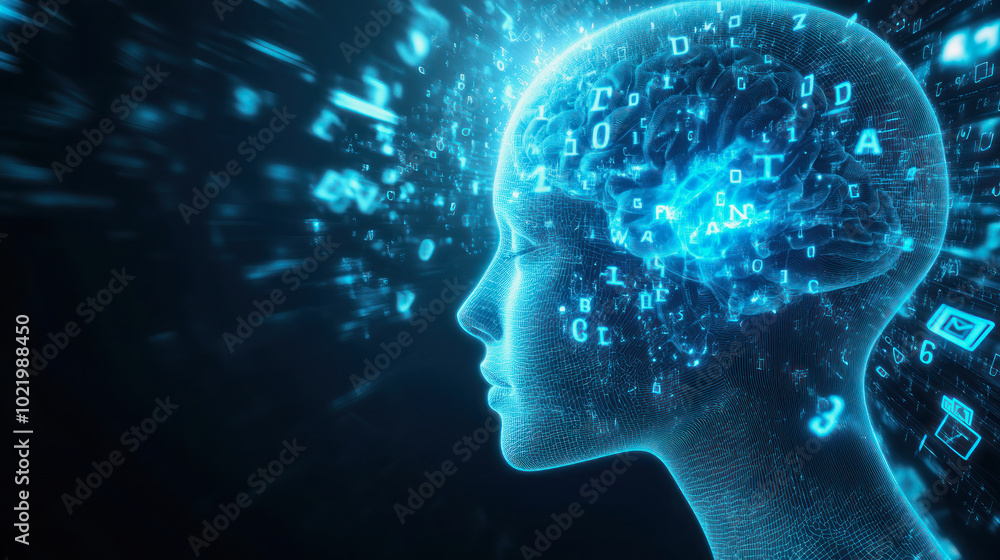 Digital representation of a human head illuminated with flowing letters and symbols, showcasing the fusion of technology and thought Digital representation of a human head illuminated with flowing letters and symbols, showcasing the fusion of technology and thought