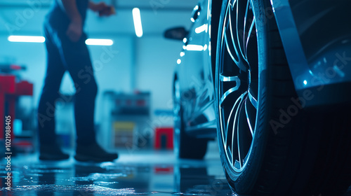 In a modern, well-lit auto garage, a technician expertly replaces a carâs winter tire with a summer tire, ensuring a safe ride. The background reveals neatly organized tools and eq photo